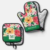 Tropisch Hibiscus Floral Pattern Ovenwant & Pannenlap Set (Voorkant / Achterkant)