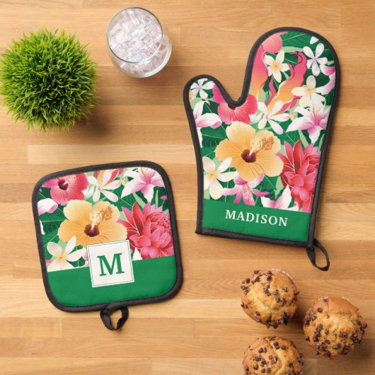 Tropisch Hibiscus Floral Pattern Ovenwant & Pannenlap Set (Top down)
