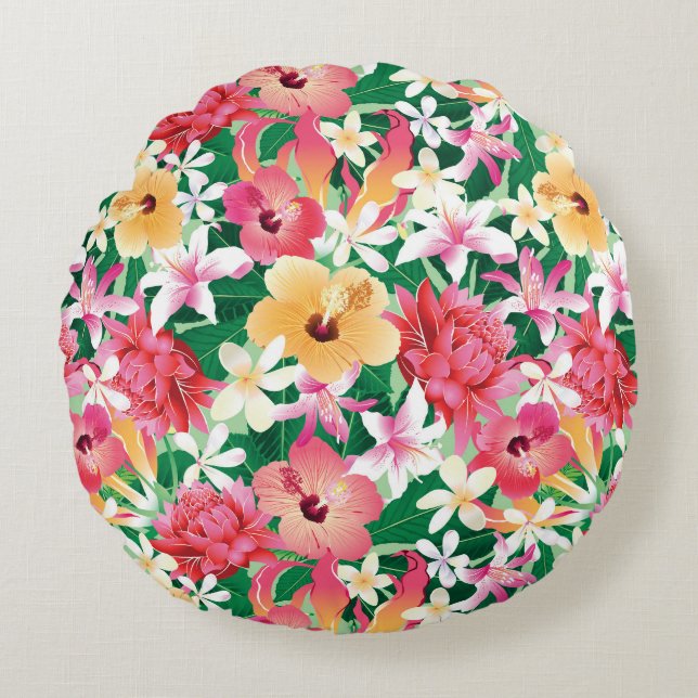 Tropisch Hibiscus Floral Pattern Rond Kussen (Voorkant)