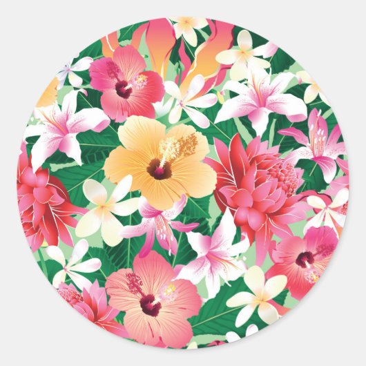 Tropisch Hibiscus Floral Pattern Ronde Sticker (Voorkant)