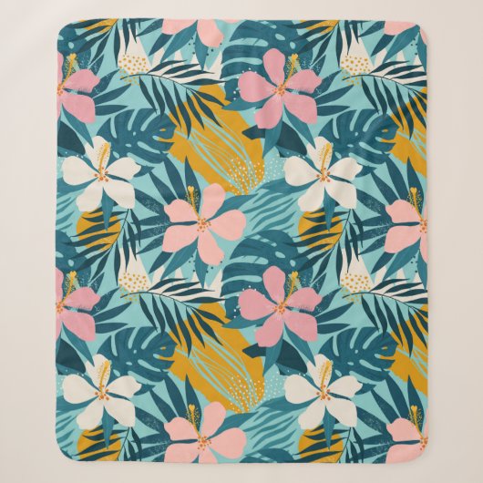 Tropisch Hibiscus Floral Pattern Sherpa Deken (Voorkant)