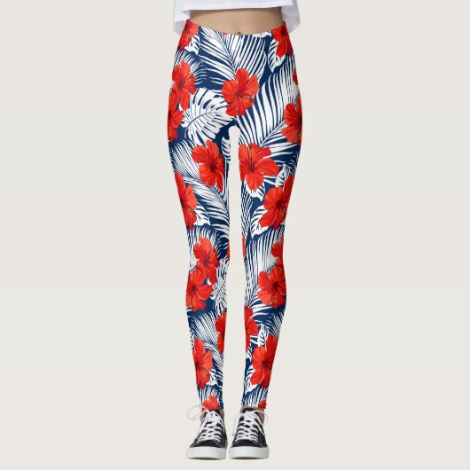 Tropisch Hibiscus Flowers Ferns Red White Leggings (Voorkant)