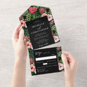 Tropisch Hibiscus Modern Wedding Black All In One Uitnodiging (Afscheurbaar)