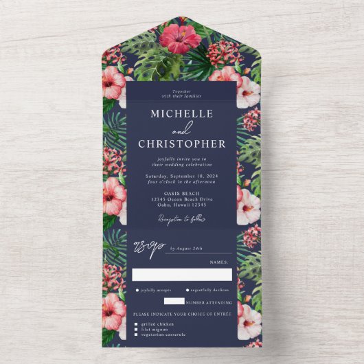 Tropisch Hibiscus Modern Wedding Navy Blue All In One Uitnodiging (Binnen)