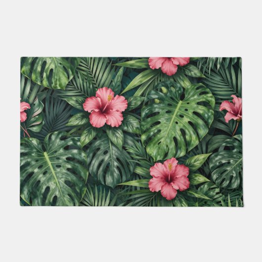Tropisch Hibiscus Monstera Jungle Patroon Deurmat (Voorkant)