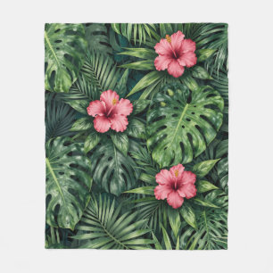 Tropisch Hibiscus Monstera Jungle Patroon Fleece Deken