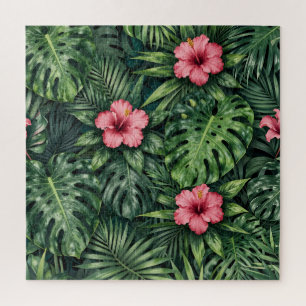 Tropisch Hibiscus Monstera Jungle Patroon Legpuzzel
