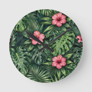Tropisch Hibiscus Monstera Jungle Patroon Ronde Klok