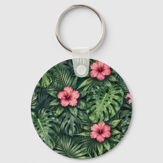 Tropisch Hibiscus Monstera Jungle Patroon Sleutelhanger (Voorkant)