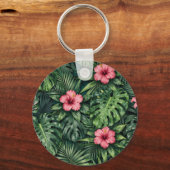 Tropisch Hibiscus Monstera Jungle Patroon Sleutelhanger (Voorkant)
