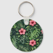 Tropisch Hibiscus Monstera Jungle Patroon Sleutelhanger (Achterkant)