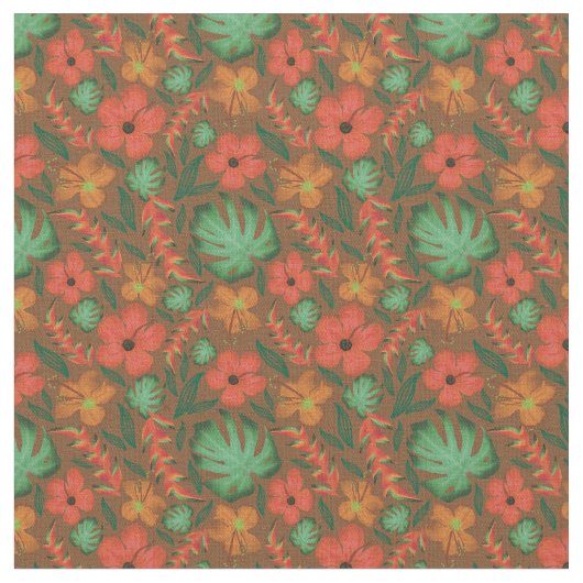 Tropisch Hibiscus Monstera Leaf Green Pattern Stof (Close Up)
