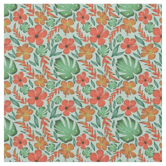 Tropisch Hibiscus Monstera Leaf Mint Pattern Stof (Close Up)