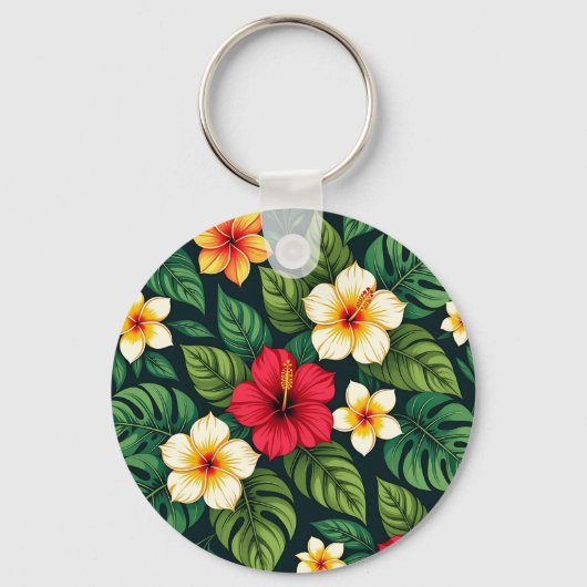 Tropisch Hibiscus Monstera Patroon Sleutelhanger (Voorkant)