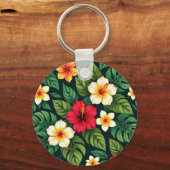 Tropisch Hibiscus Monstera Patroon Sleutelhanger (Achterkant)
