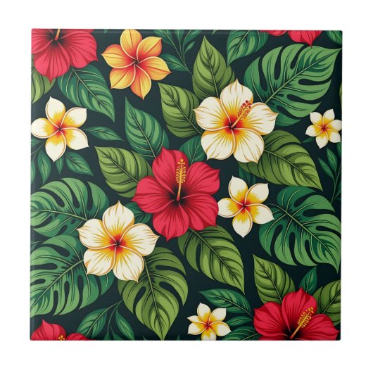 Tropisch Hibiscus Monstera Patroon Tegeltje (Voorkant)