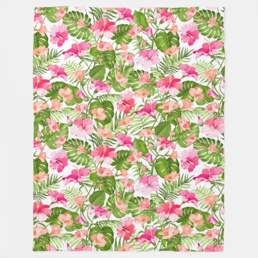 Tropisch hibiscus palm monstera patroon fleece deken (Voorkant)