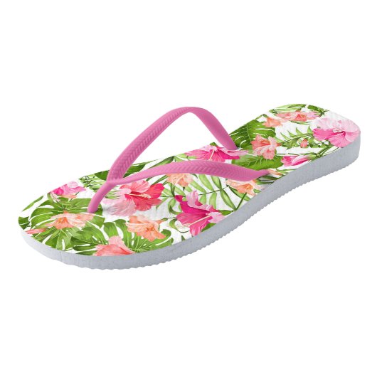 Tropisch hibiscus palm monstera patroon teenslippers (Schuin)