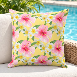 Tropisch Hibiscus Plumeria Patroon Geel Buitenkussen