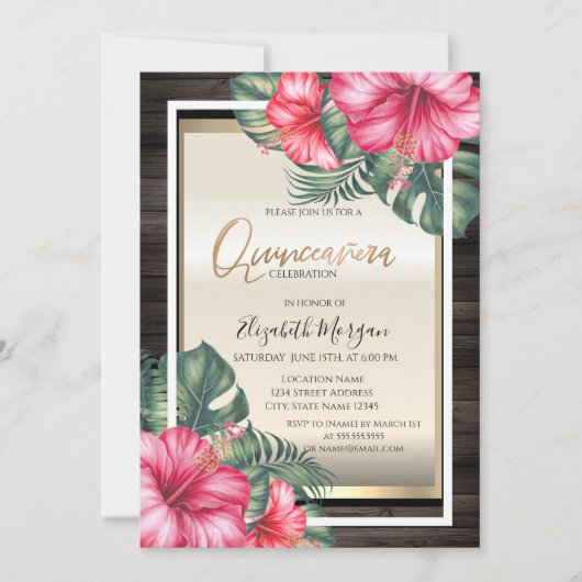 Tropisch Hibiscus Wood Quinceanera Kaart (Voorkant)