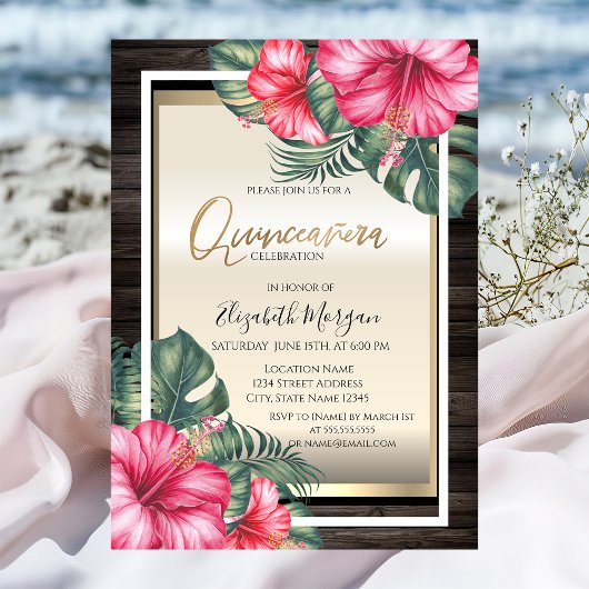 Tropisch Hibiscus Wood Quinceanera Kaart