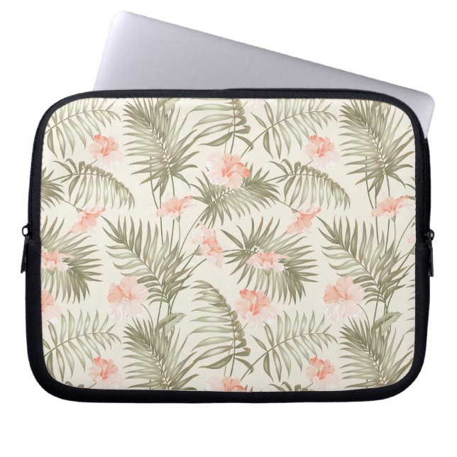 Tropisch Hisbiscus Palm Tree Patroon Laptop Sleeve (Voorkant)