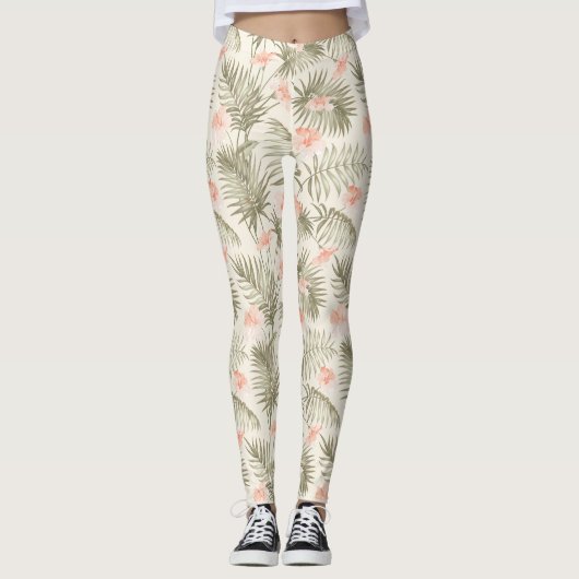 Tropisch Hisbiscus Palm Tree Patroon Leggings (Voorkant)