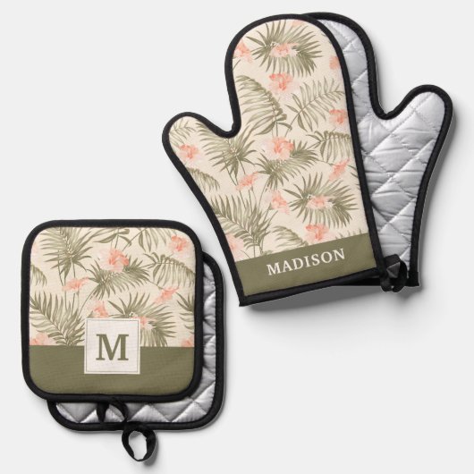 Tropisch Hisbiscus Palm Tree Patroon Ovenwant & Pannenlap Set (Voorkant / Achterkant)