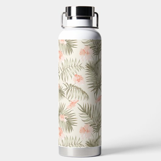 Tropisch Hisbiscus Palm Tree Patroon Waterfles (Achterkant)