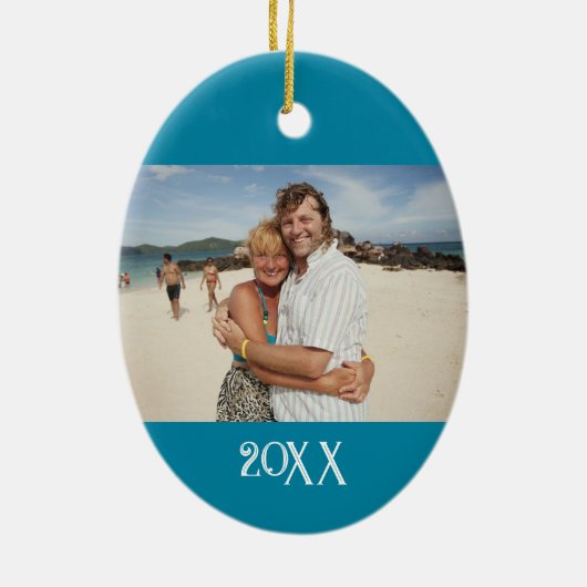 Tropisch huwelijk eerste kerstfoto Keepomwille Keramisch Ornament (Achterkant)