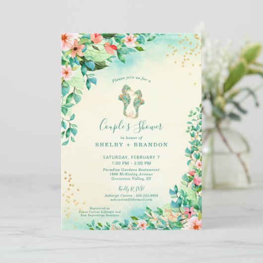 Tropisch Huwelijk Koppel Bruiloft Florale Zeepaard Kaart (Staand voorkant)