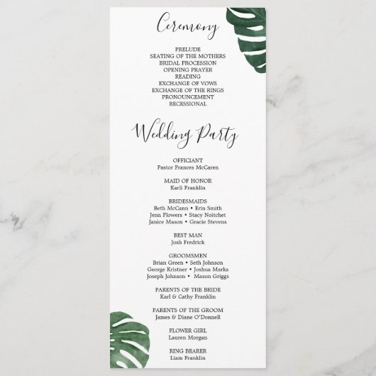 Tropisch huwelijksprogramma Monstera Programmakaart (Achterkant)