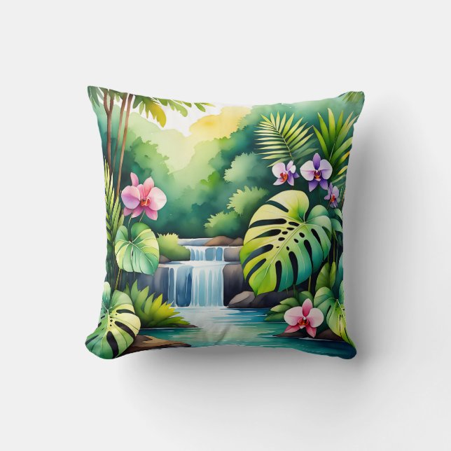 Tropisch Jungle Waterval Orchidee Paradijs  Kussen (Voorkant)