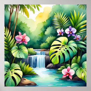 Tropisch Jungle Waterval Orchidee Paradijs  Poster