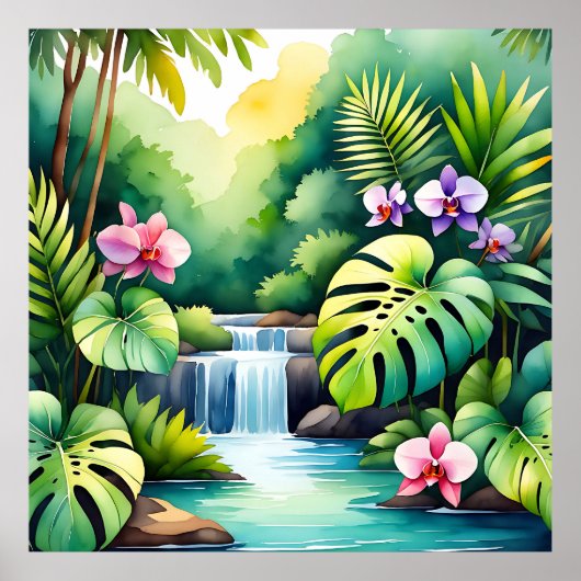 Tropisch Jungle Waterval Orchidee Paradijs  Poster (Voorkant)