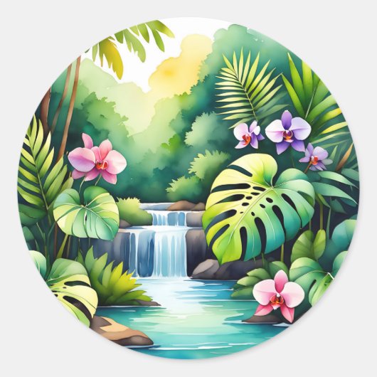 Tropisch Jungle Waterval Orchidee Paradijs Ronde Sticker (Voorkant)