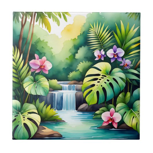 Tropisch Jungle Waterval Orchidee Paradijs Tegeltje (Voorkant)