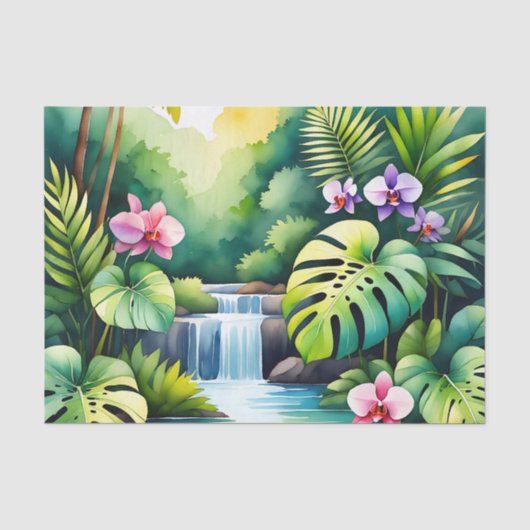 Tropisch Jungle Waterval Orchidee Paradijs Tissuepapier (Voorkant)