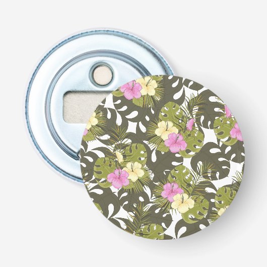 Tropisch Jungleblad en Hibiscuspatroon Button Flesopener (Voorkant)