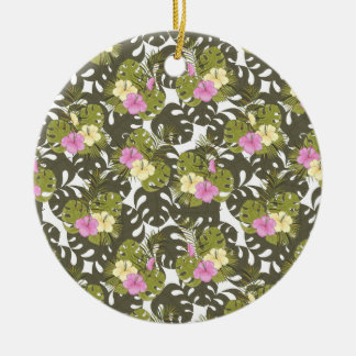 Tropisch Jungleblad en Hibiscuspatroon Keramisch Ornament