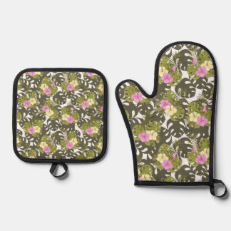 Tropisch Jungleblad en Hibiscuspatroon Ovenwant & Pannenlap Set