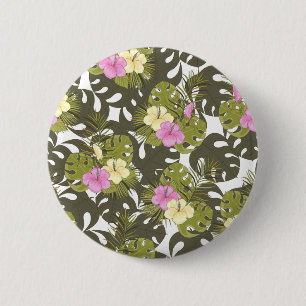 Tropisch jungleblad en hibiscuspatroon ronde button 5,7 cm