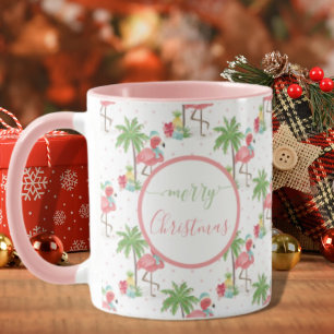Tropisch Kerst Flamingo Blauwe Kerstman Hoed Roze Mok