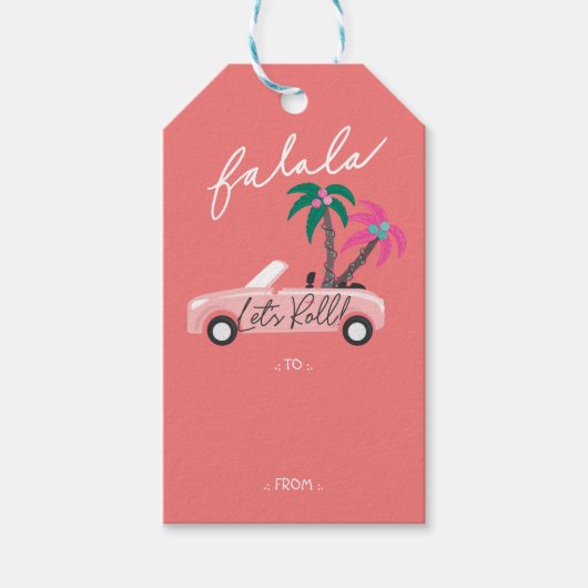 Tropisch kerstfeest, laat rolroze converteerbaar cadeaulabel (Voorkant)