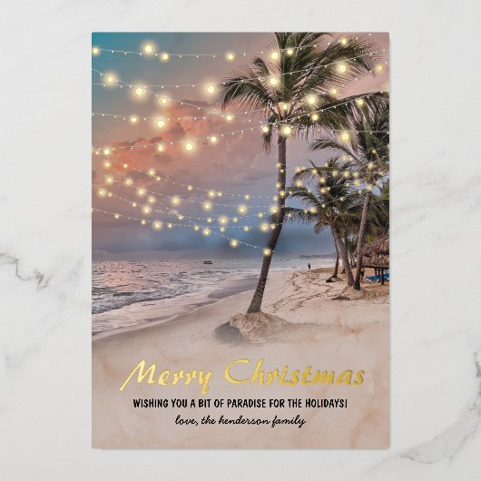 Tropisch kerstfeest met kuststrand folie feestdagenkaart (Voorkant)