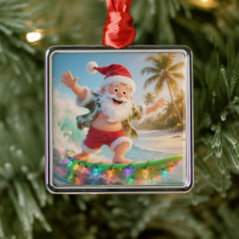Tropisch Kerstfeest met Surfende Kerstman Metalen Ornament