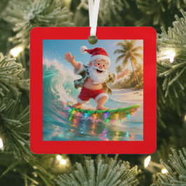 Tropisch Kerstfeest met Surfende Kerstman Metalen Ornament