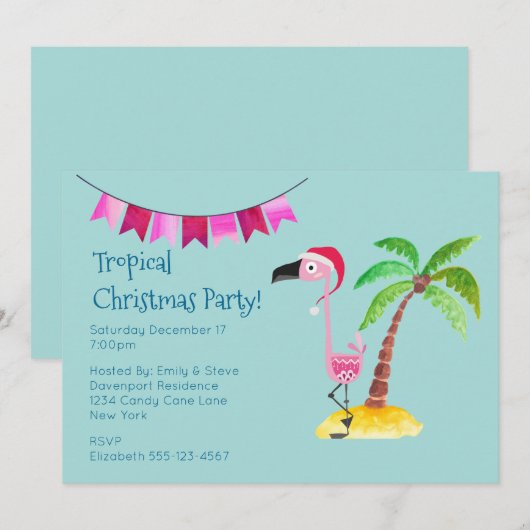 Tropisch Kerstfeest Roze Flamingo Kaart (Voorkant / Achterkant)