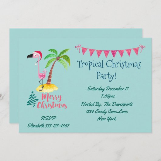 Tropisch Kerstfeest Roze Flamingo Kaart (Voorkant / Achterkant)