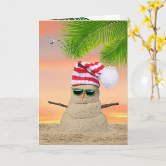 Tropisch kerstfeest Sand Snowman Kaart (Gele Bloem)